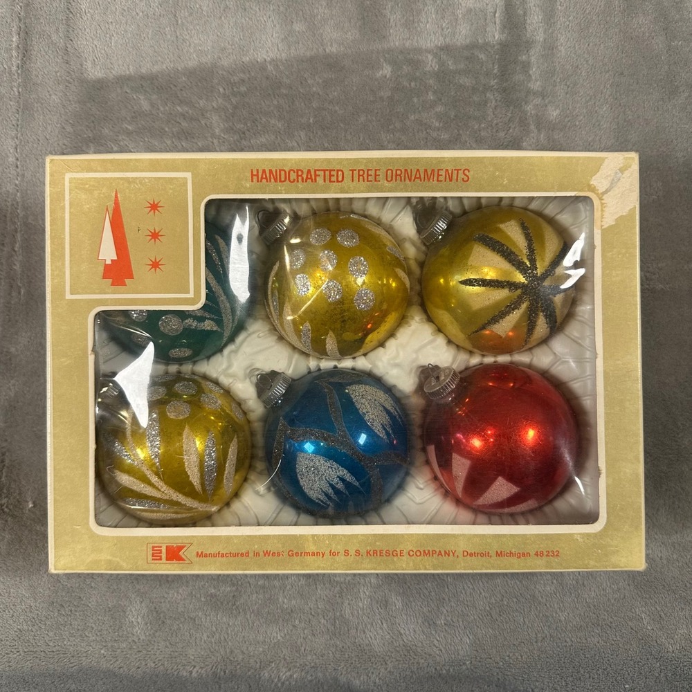 Vintage West Germany Handcrafted Glass Ornaments SS Kresge Co Set of 6 Glitter